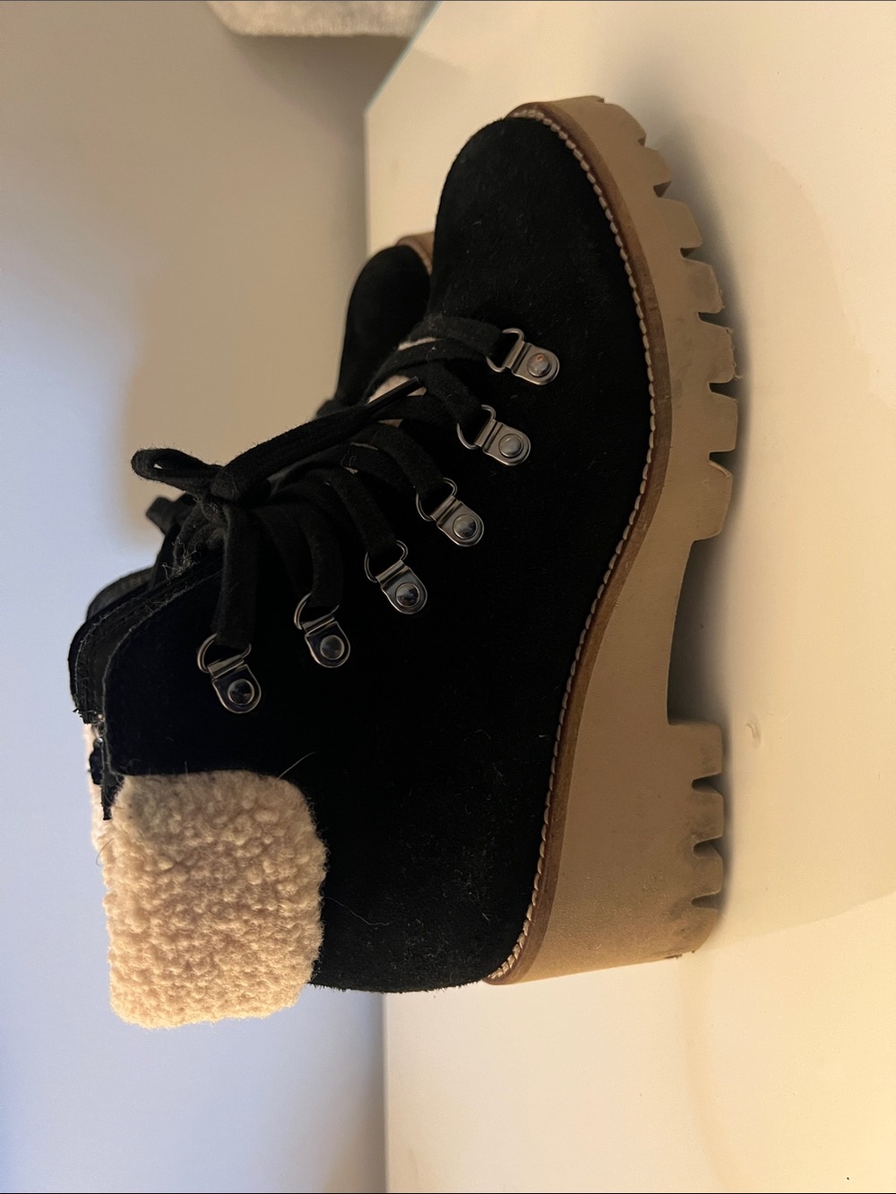 Blondo Black Suede Lace-Up Ankle Boots with Tan Lug Sole